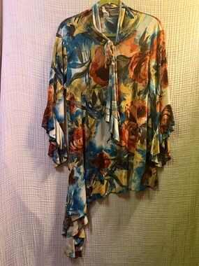 Floral Watercolor Tie-Neck Women's asymmetrical blouse Blue & Orange size XL -D